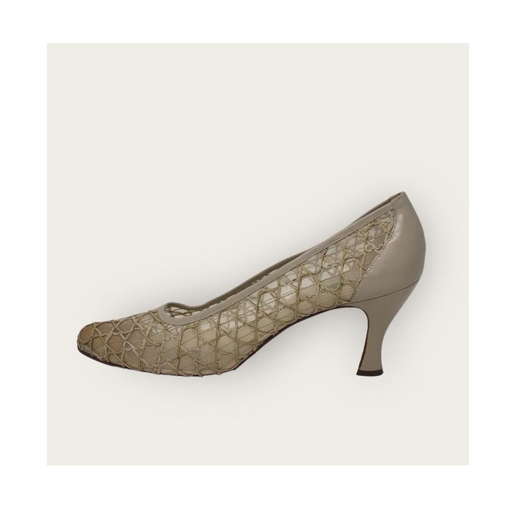 Charles Jourdan Nude Beige & Gold Mesh Heels Pumps Size 8.5AA